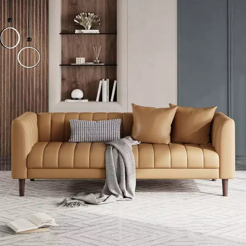 Canapé COZONY 78 en similicuir avec sièges profonds, canapé moderne 3 places avec oreillers et pieds en bois pour salon
