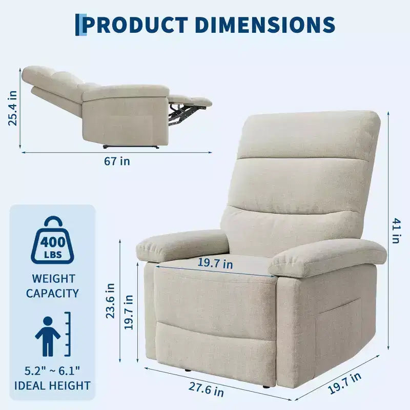 GustoWave Fauteuil inclinable manuel en tissu avec poche latérale, canapé simple réglable avec support dorsal ergonomique pour chambre d'enfant