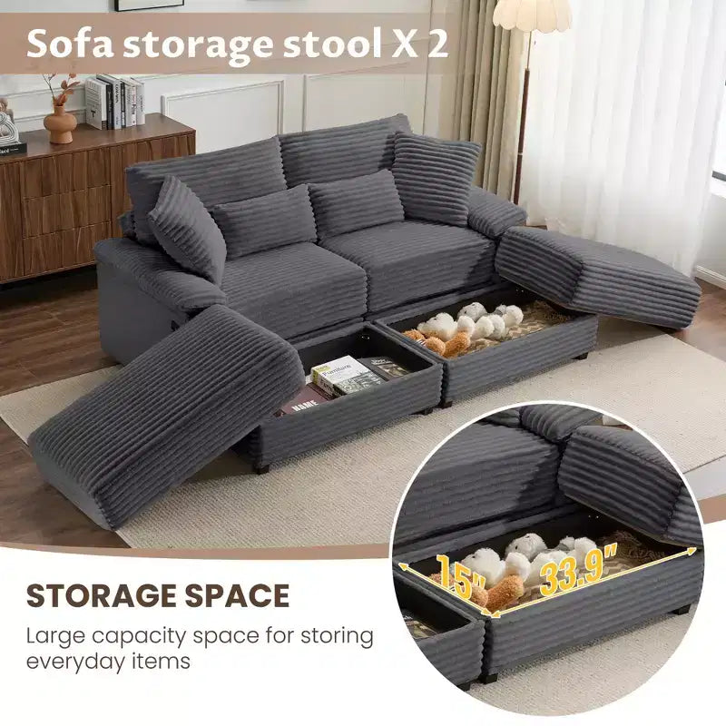 Ensemble de double chaise longue Whisen avec pouf réversible et rangement