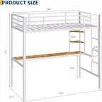 Lit mezzanine métallique Acekool une place avec bureau et étagères de rangement, garde-corps et échelle, lit peu encombrant pour enfants, adolescents, adultes, blanc/noir