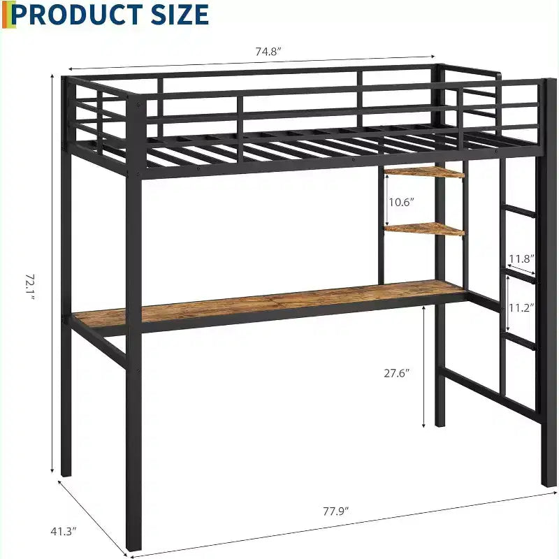 Lit mezzanine métallique Acekool une place avec bureau et étagères de rangement, garde-corps et échelle, lit peu encombrant pour enfants, adolescents, adultes, blanc/noir