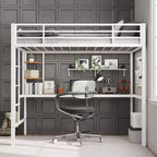 Lit mezzanine métallique Acekool une place avec bureau et étagères de rangement, garde-corps et échelle, lit peu encombrant pour enfants, adolescents, adultes, blanc/noir