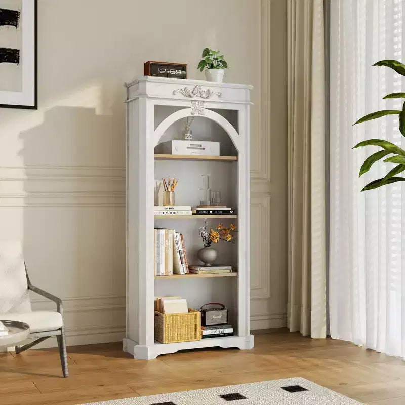 Meuble vitrine Okak moderne avec arches, meuble de rangement avec 4 étagères, meuble de rangement autoportant pour salon, couloir et bureau, blanc