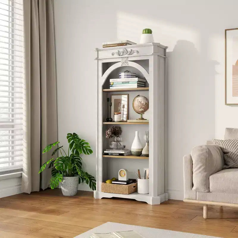 Meuble vitrine Okak moderne avec arches, meuble de rangement avec 4 étagères, meuble de rangement autoportant pour salon, couloir et bureau, blanc