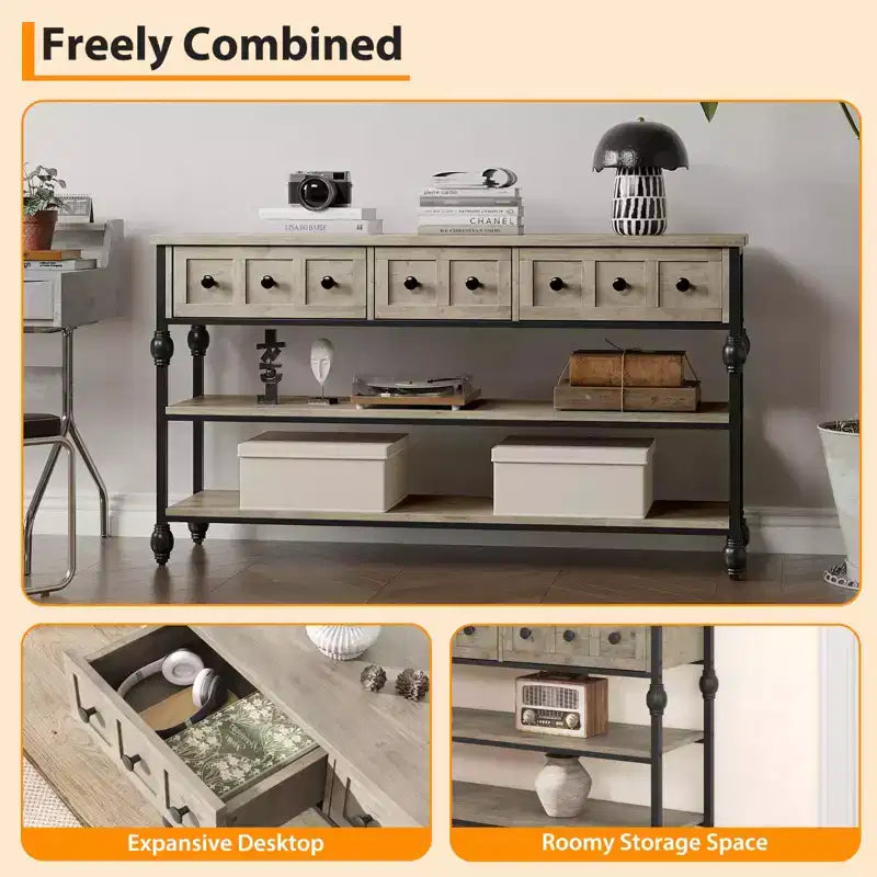 COZONY Table Console Industrielle de 132 cm avec 3 Tiroirs de Rangement et 3 Niveaux, Table de Canapé en Métal pour Salon, Couloir et Entrée, Rangement Derrière le Canapé