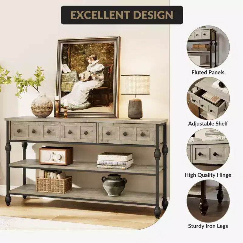 COZONY Table Console Industrielle de 132 cm avec 3 Tiroirs de Rangement et 3 Niveaux, Table de Canapé en Métal pour Salon, Couloir et Entrée, Rangement Derrière le Canapé