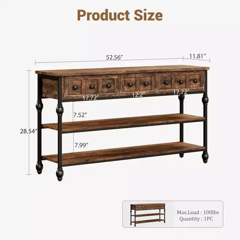 COZONY Table Console Industrielle de 132 cm avec 3 Tiroirs de Rangement et 3 Niveaux, Table de Canapé en Métal pour Salon, Couloir et Entrée, Rangement Derrière le Canapé