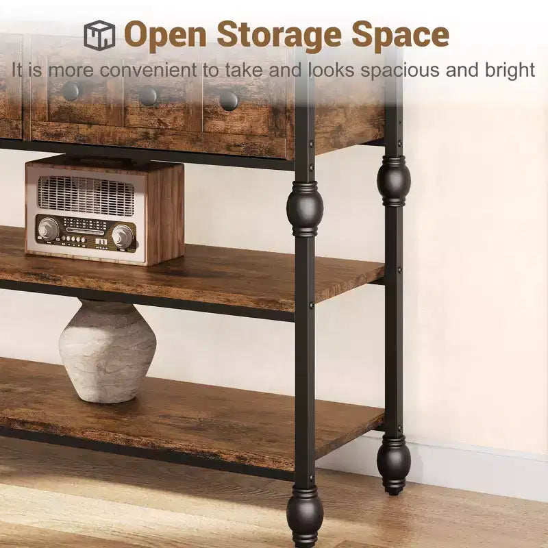 COZONY Table Console Industrielle de 132 cm avec 3 Tiroirs de Rangement et 3 Niveaux, Table de Canapé en Métal pour Salon, Couloir et Entrée, Rangement Derrière le Canapé