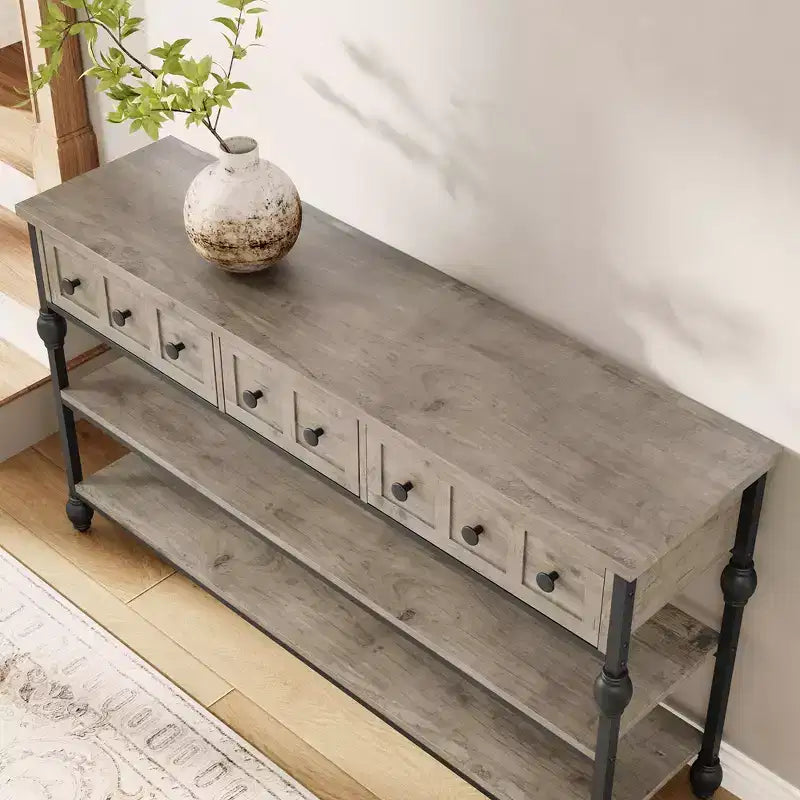 COZONY Table Console Industrielle de 132 cm avec 3 Tiroirs de Rangement et 3 Niveaux, Table de Canapé en Métal pour Salon, Couloir et Entrée, Rangement Derrière le Canapé