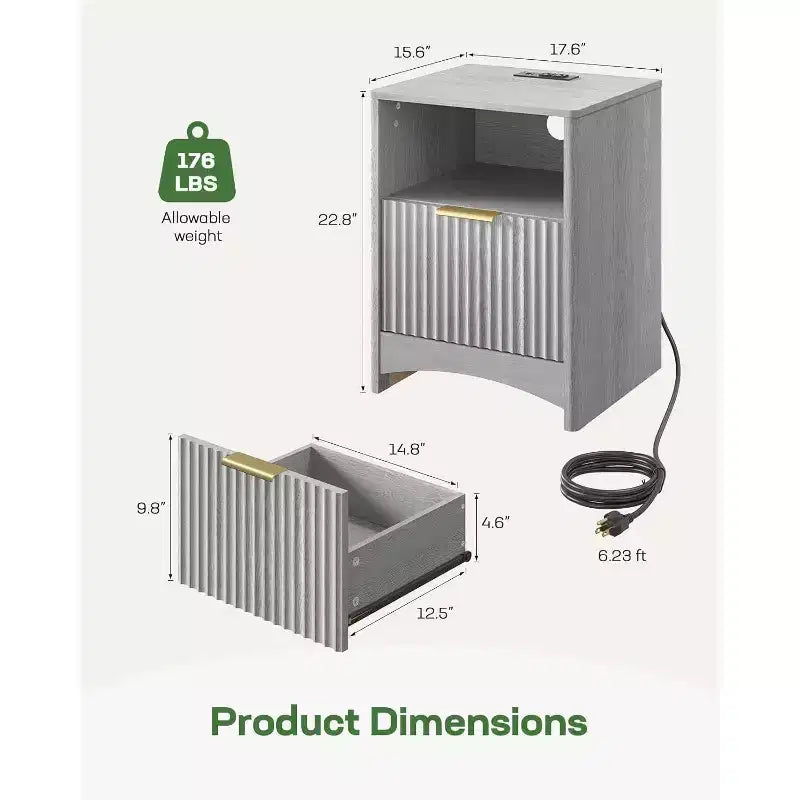 Table de chevet cannelée Marsail avec station de recharge, table de chevet réglable avec ports USB et CA, table d'appoint à 1 tiroir, finition grain de bois, chambre, gris