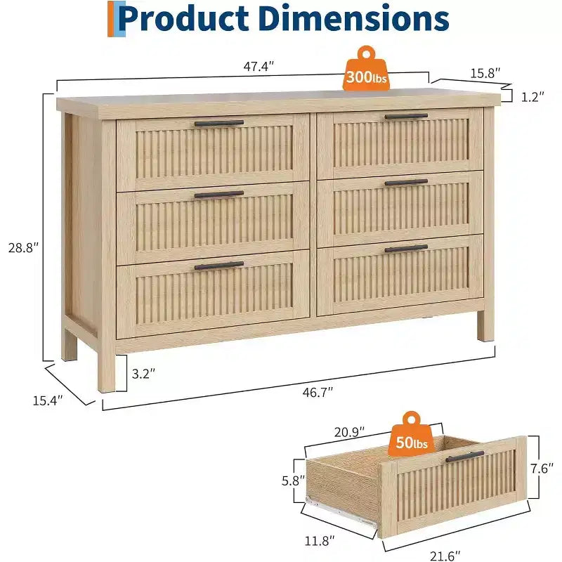 Commode cannelée pour chambre à coucher avec 6 tiroirs, commode moderne, commode en bois meuble TV, organisateur de rangement de vêtements pour salon, couloir