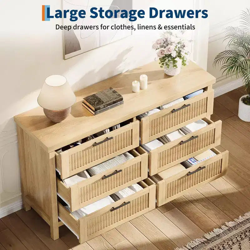 Commode cannelée pour chambre à coucher avec 6 tiroirs, commode moderne, commode en bois meuble TV, organisateur de rangement de vêtements pour salon, couloir