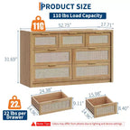 Commode en rotin 53" pour chambre à coucher, chiffonnier bohème à 7 tiroirs, grand meuble de rangement pour vêtements, meuble d'appoint en bois avec poignées métalliques