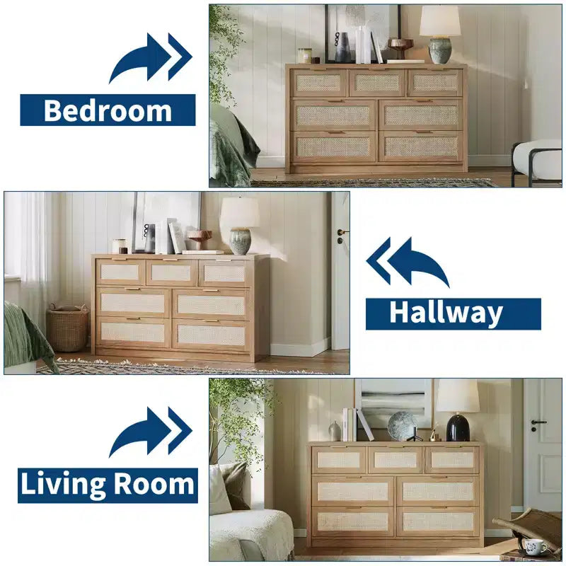 Commode en rotin 53" pour chambre à coucher, chiffonnier bohème à 7 tiroirs, grand meuble de rangement pour vêtements, meuble d'appoint en bois avec poignées métalliques