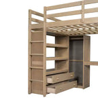 Lit mezzanine pleine grandeur avec armoire et bureau, lit mezzanine haut en bois avec tiroirs de rangement et étagères pour adultes, enfants et adolescents