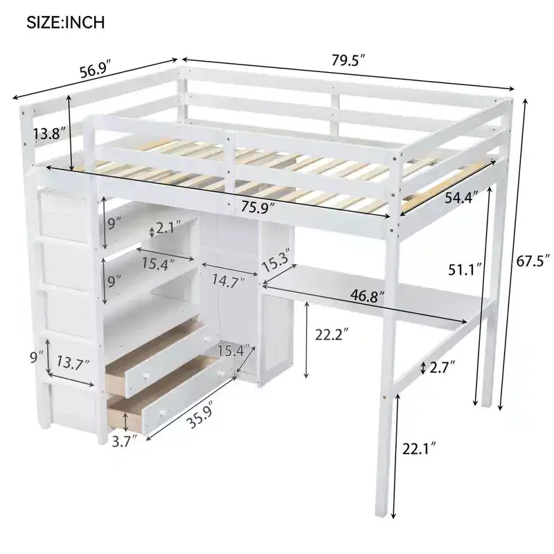 Lit mezzanine pleine grandeur avec armoire et bureau, lit mezzanine haut en bois avec tiroirs de rangement et étagères pour adultes, enfants et adolescents