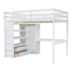 Lit mezzanine pleine grandeur avec armoire et bureau, lit mezzanine haut en bois avec tiroirs de rangement et étagères pour adultes, enfants et adolescents