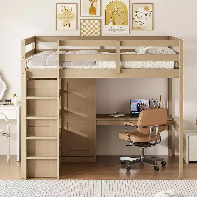 Lit mezzanine pleine grandeur avec armoire et bureau, lit mezzanine haut en bois avec tiroirs de rangement et étagères pour adultes, enfants et adolescents