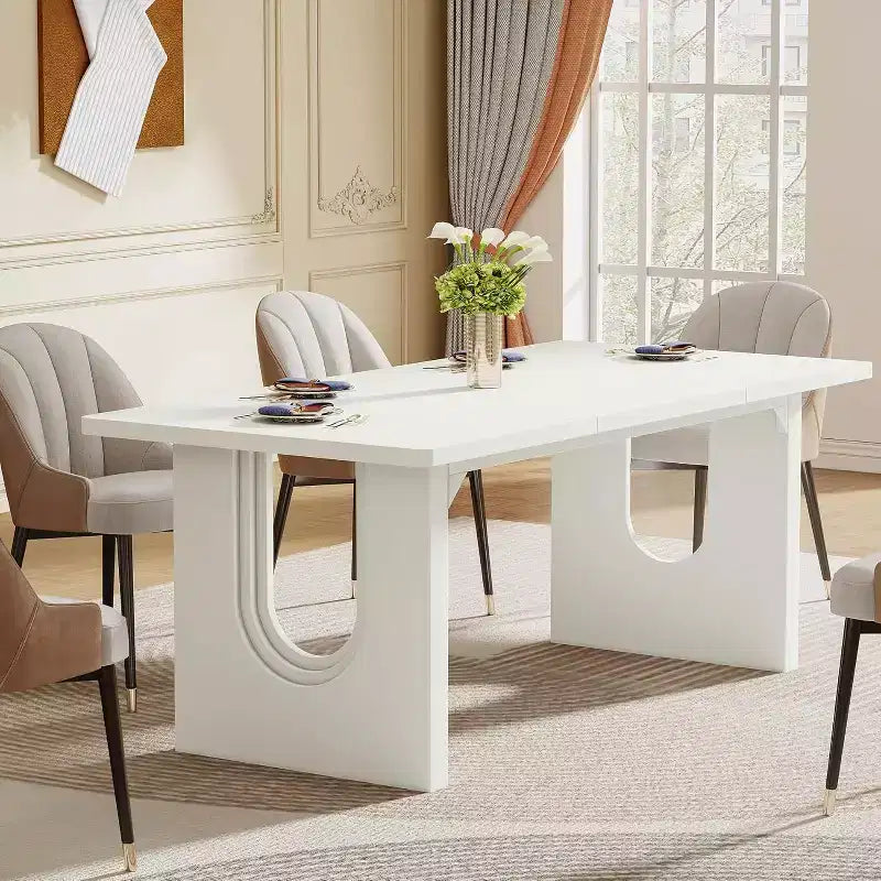 Table à manger moderne Lantine pour 6 personnes, grande table de cuisine de 180 cm avec base piédestal en bois, pour cuisine, salle à manger, salon