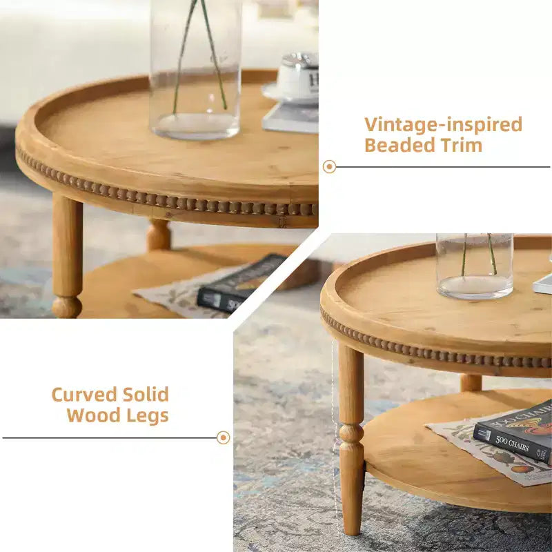 Table basse ronde moderne de 31 po, table centrale en bois à 2 niveaux avec garniture perlée, table d'appoint de cocktail pour salon et chambre à coucher