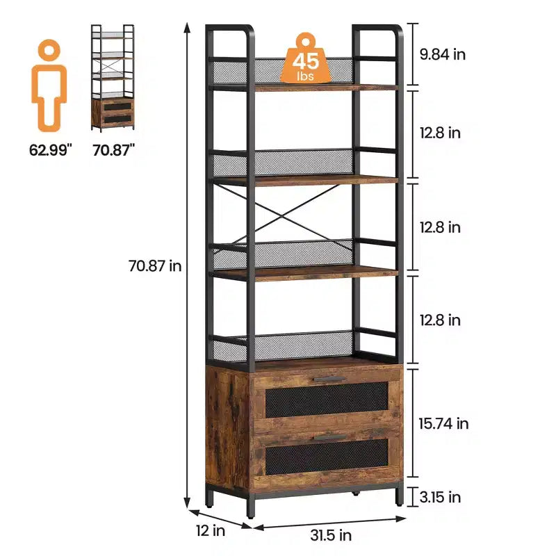 Étagère haute de 180 cm avec tiroirs, Bibliothèque industrielle avec 4 étagères de rangement ouvertes pour chambre, salon, bureau, marron