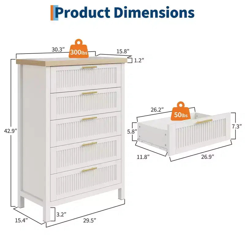 Commode à 5 tiroirs pour chambre à coucher, commode en bois de 114 cm de haut avec poignées en métal, table de chevet étroite, organiseur de rangement de vêtements cannelé