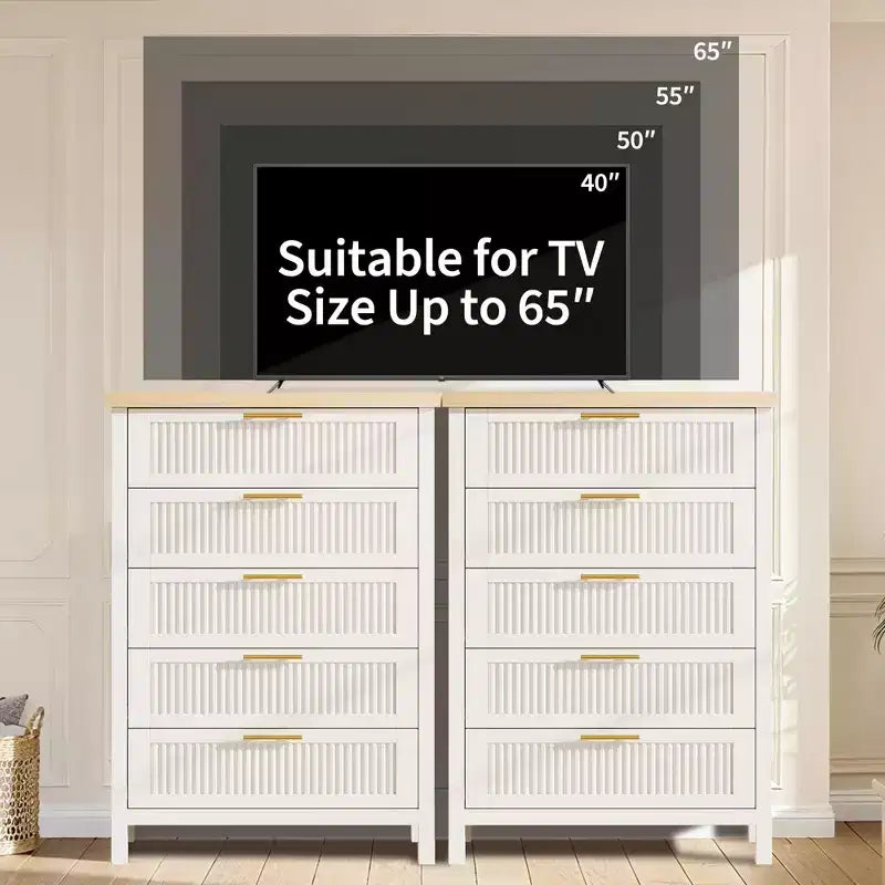 Commode à 5 tiroirs pour chambre à coucher, commode en bois de 114 cm de haut avec poignées en métal, table de chevet étroite, organiseur de rangement de vêtements cannelé
