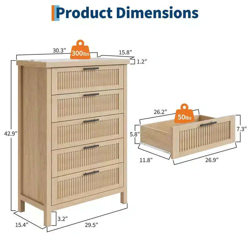 Commode à 5 tiroirs pour chambre à coucher, commode en bois de 114 cm de haut avec poignées en métal, table de chevet étroite, organiseur de rangement de vêtements cannelé