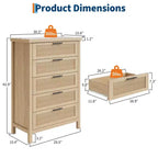 Commode à 5 tiroirs pour chambre à coucher, commode en bois de 114 cm de haut avec poignées en métal, table de chevet étroite, organiseur de rangement de vêtements cannelé