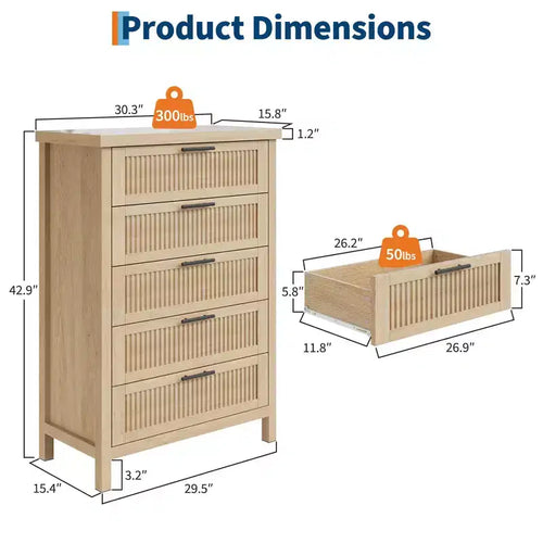 Commode à 5 tiroirs pour chambre à coucher, commode en bois de 114 cm de haut avec poignées en métal, table de chevet étroite, organiseur de rangement de vêtements cannelé