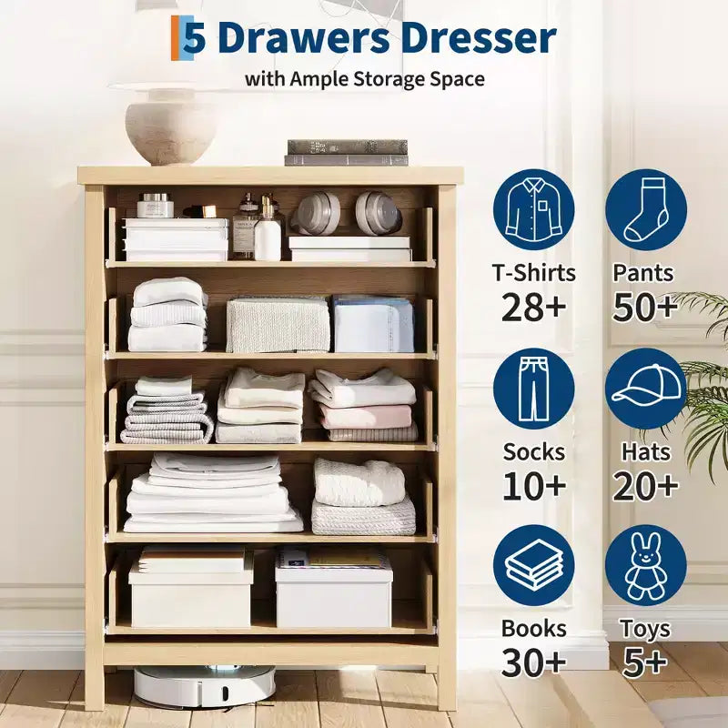 Commode à 5 tiroirs pour chambre à coucher, commode en bois de 114 cm de haut avec poignées en métal, table de chevet étroite, organiseur de rangement de vêtements cannelé