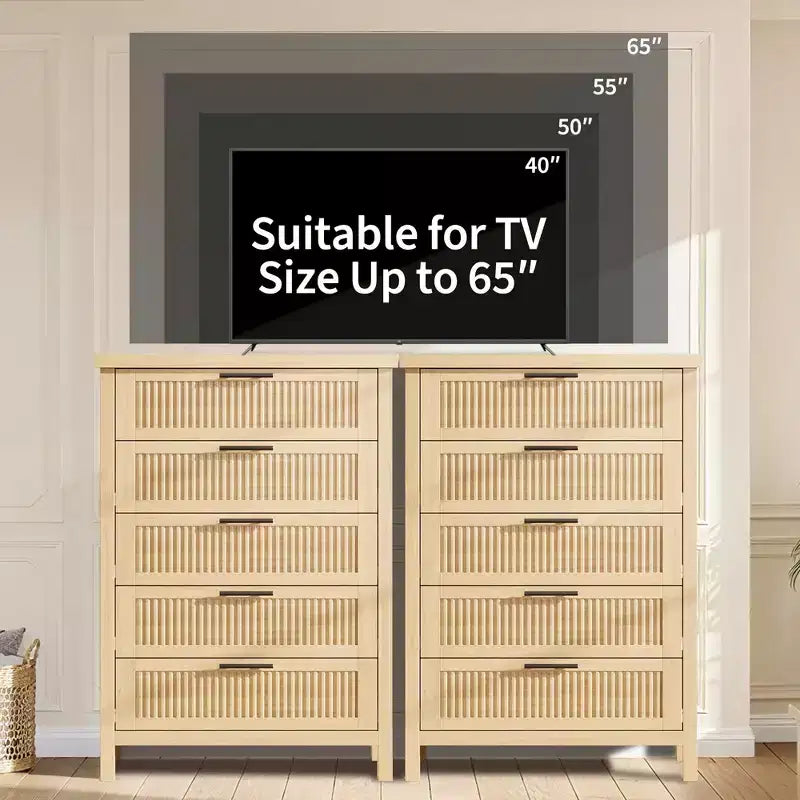 Commode à 5 tiroirs pour chambre à coucher, commode en bois de 114 cm de haut avec poignées en métal, table de chevet étroite, organiseur de rangement de vêtements cannelé