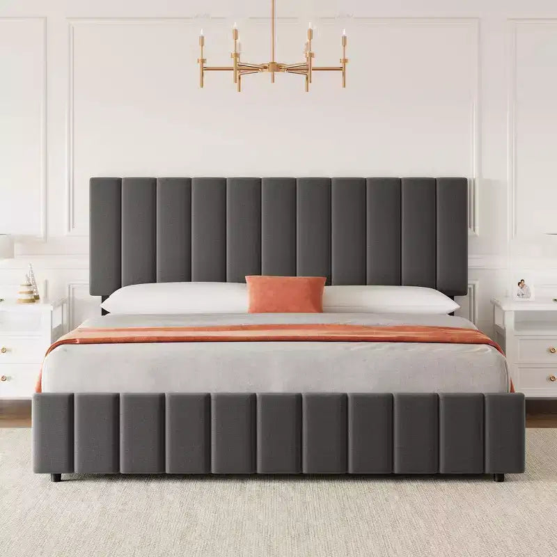 Cadre de lit, lit plateforme - taille double avec 4 tiroirs de rangement, tête de lit réglable en hauteur, rembourré en lin, aucun sommier tapissier requis (Gris)