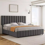 Cadre de lit, lit plateforme - taille double avec 4 tiroirs de rangement, tête de lit réglable en hauteur, rembourré en lin, aucun sommier tapissier requis (Gris)