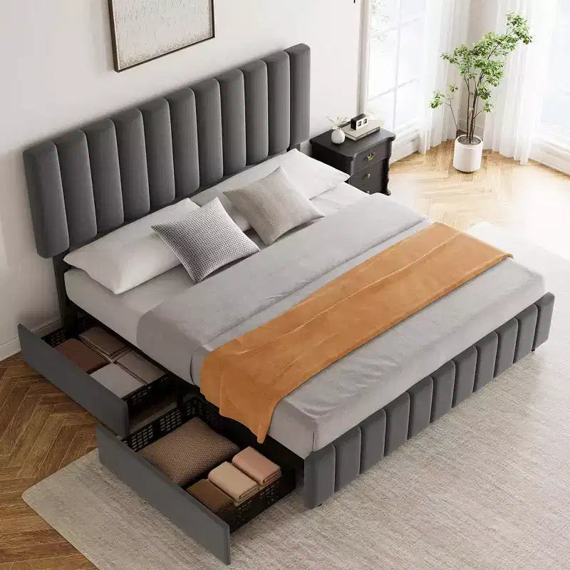 Cadre de lit, lit plateforme - taille double avec 4 tiroirs de rangement, tête de lit réglable en hauteur, rembourré en lin, aucun sommier tapissier requis (Gris)