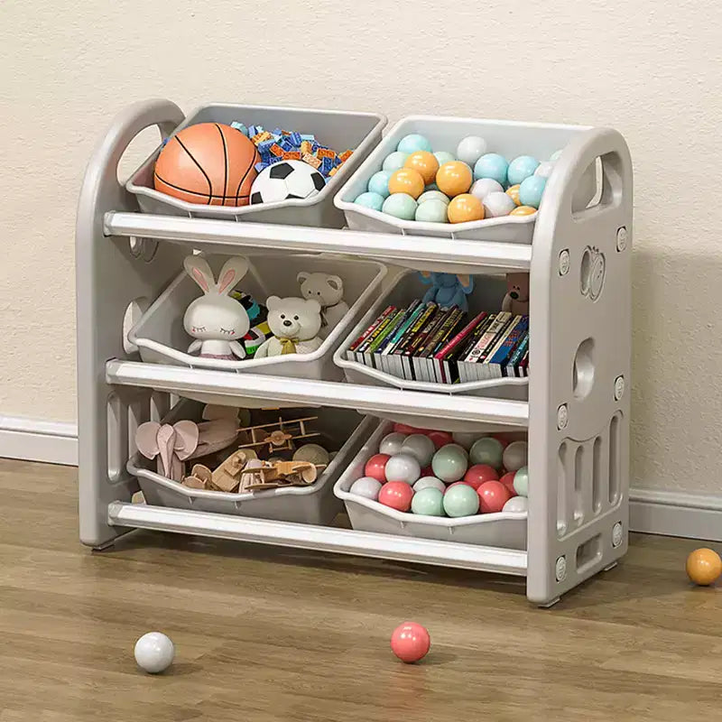 Kids Toy Storage Organizer with 6 Bins, Multi-functional Nursery Organizer Kids Furniture Set Toy Storage Cabinet Unit Grey