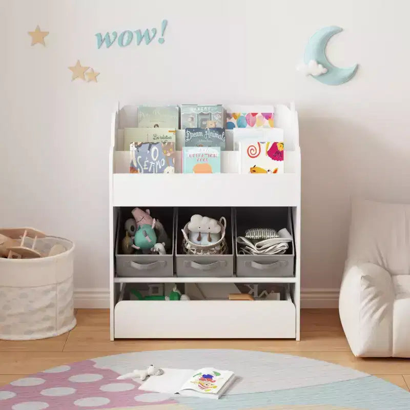 Étagère à Livres pour Enfants avec Bacs de Rangement et Tiroir, Organiseur de Livres Multifonctionnel en Bois pour Tout-petits, Bibliothèque Blanche pour Jouets, Livres et Chambre d'Enfant