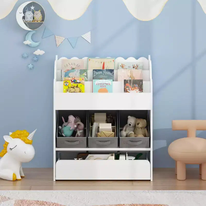Étagère à Livres pour Enfants avec Bacs de Rangement et Tiroir, Organiseur de Livres Multifonctionnel en Bois pour Tout-petits, Bibliothèque Blanche pour Jouets, Livres et Chambre d'Enfant