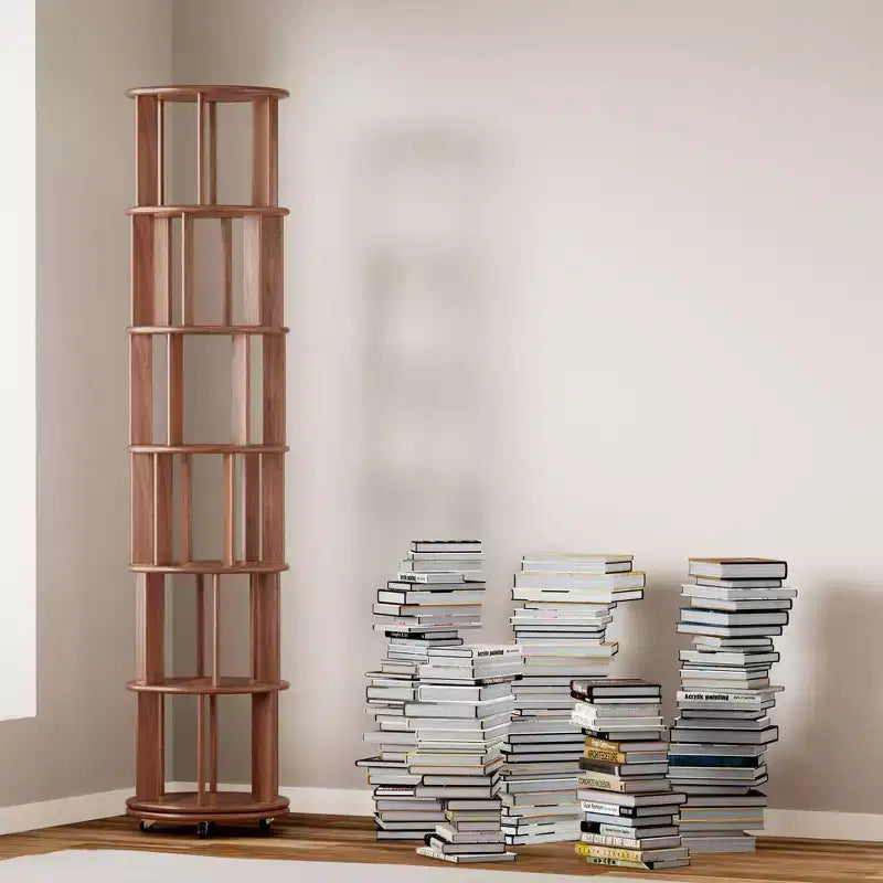 Okak 360 Bibliothèque Rotative avec Roues, Étagère Étroite en Bois Massif à 6 Niveaux, Vitrine pour Salon, Bureau, Chambre, Noyer