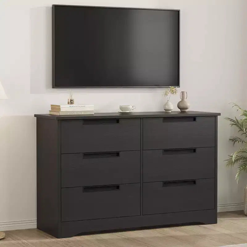 Commode à 6 tiroirs pour chambre, commode moderne noire à 6 tiroirs avec poignées intégrées, commode de rangement en bois pour salon, chambre de bébé, couloir