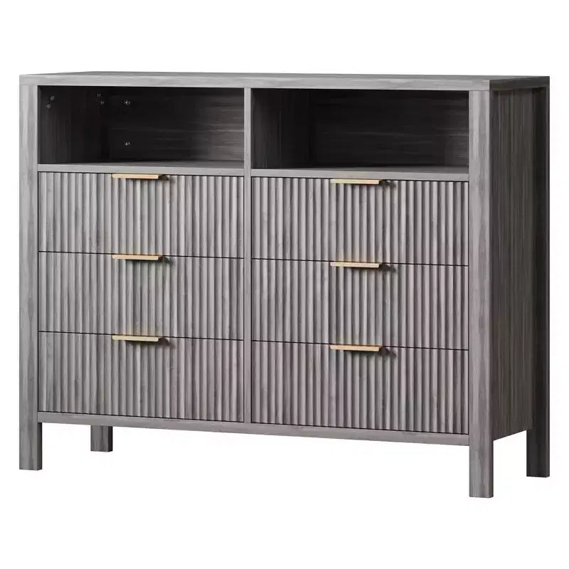 Commode 6 tiroirs pour chambre à coucher, chiffonnier de ferme avec 2 étagères ouvertes et portes cannelées, rangement et organisation pour le salon