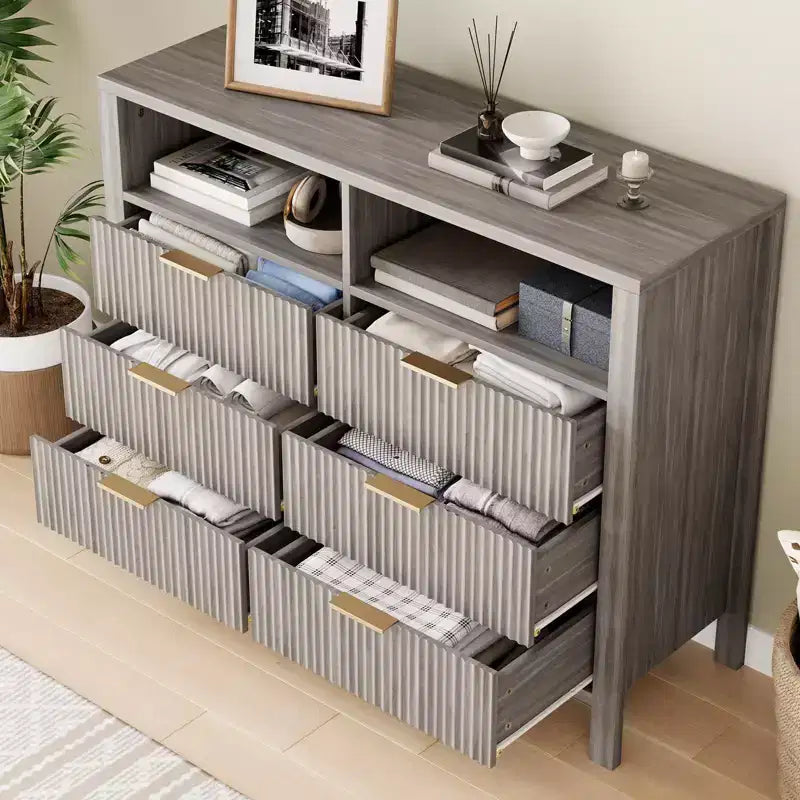 Commode 6 tiroirs pour chambre à coucher, chiffonnier de ferme avec 2 étagères ouvertes et portes cannelées, rangement et organisation pour le salon
