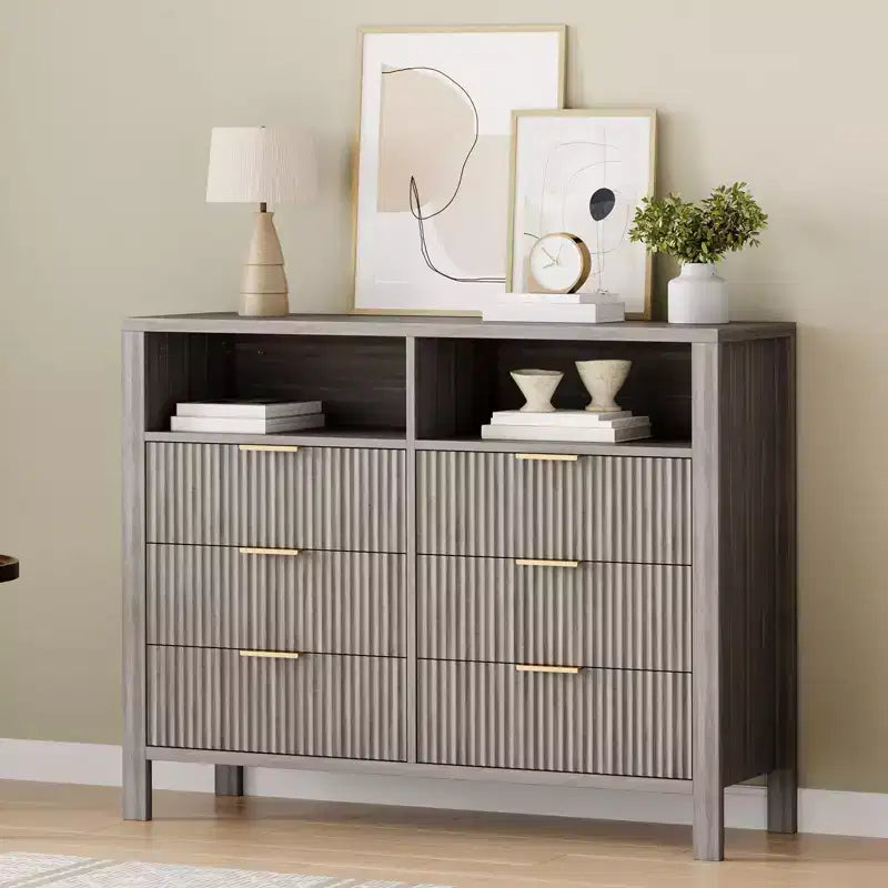 Commode 6 tiroirs pour chambre à coucher, chiffonnier de ferme avec 2 étagères ouvertes et portes cannelées, rangement et organisation pour le salon