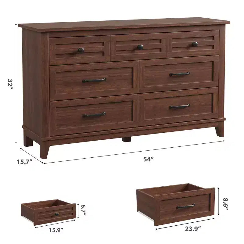7 commodes de chambre, commode à tiroirs de 54 po de largeur avec rangement autoportant, commode de rangement en bois pour salon, chambre à coucher, entrée