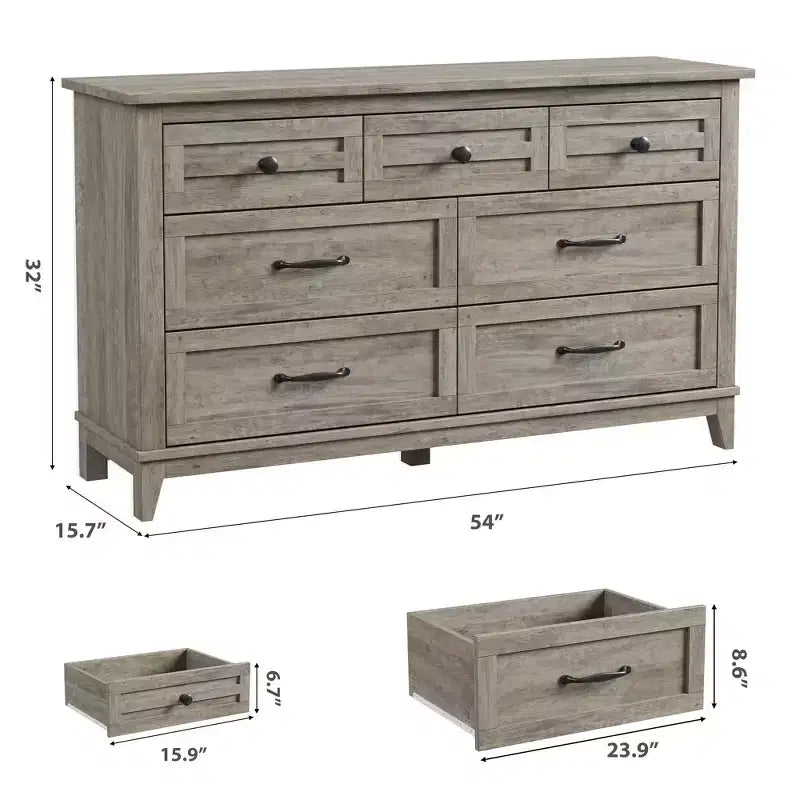 7 commodes de chambre, commode à tiroirs de 54 po de largeur avec rangement autoportant, commode de rangement en bois pour salon, chambre à coucher, entrée