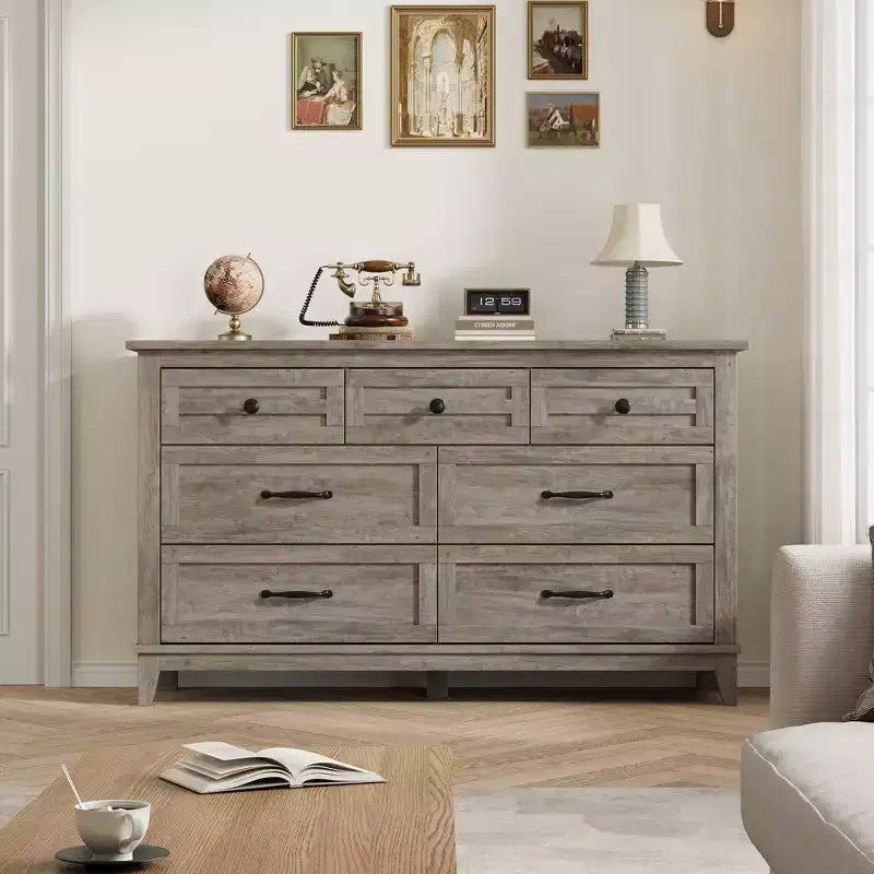 7 commodes de chambre, commode à tiroirs de 54 po de largeur avec rangement autoportant, commode de rangement en bois pour salon, chambre à coucher, entrée