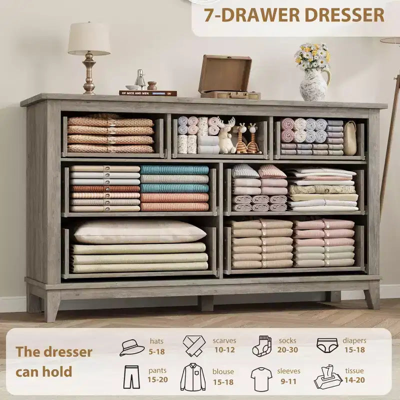 7 commodes de chambre, commode à tiroirs de 54 po de largeur avec rangement autoportant, commode de rangement en bois pour salon, chambre à coucher, entrée