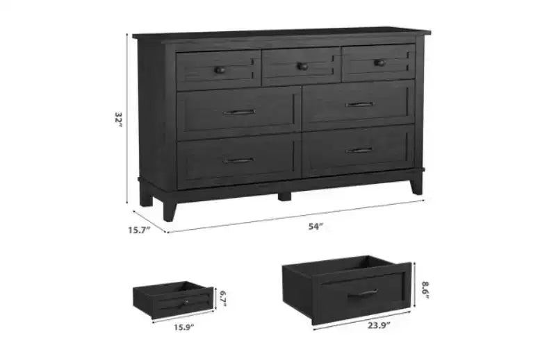 7 commodes de chambre, commode à tiroirs de 54 po de largeur avec rangement autoportant, commode de rangement en bois pour salon, chambre à coucher, entrée