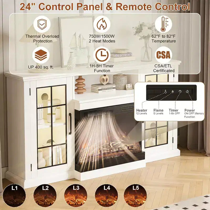 Meuble TV électrique Coolmee 3 faces avec cheminée en verre pour téléviseurs jusqu'à 65 pouces, console multimédia avec lumière LED, portes en verre, rangement, centre de divertissement