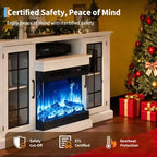 Meuble TV électrique Coolmee 3 faces avec cheminée en verre pour téléviseurs jusqu'à 65 pouces, console multimédia avec lumière LED, portes en verre, rangement, centre de divertissement